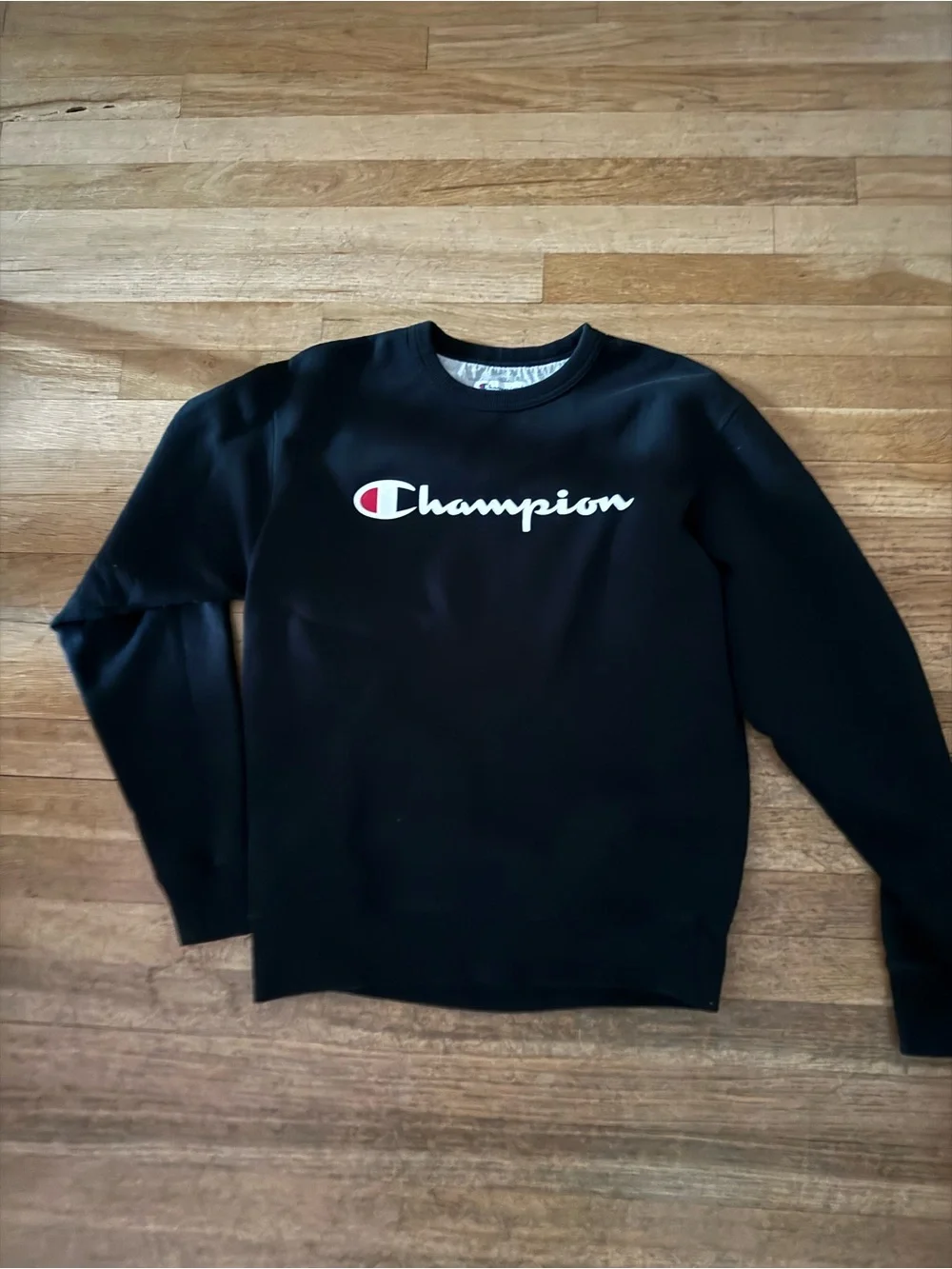 Champion Black Crewneck with White Script and Red Logo Accent